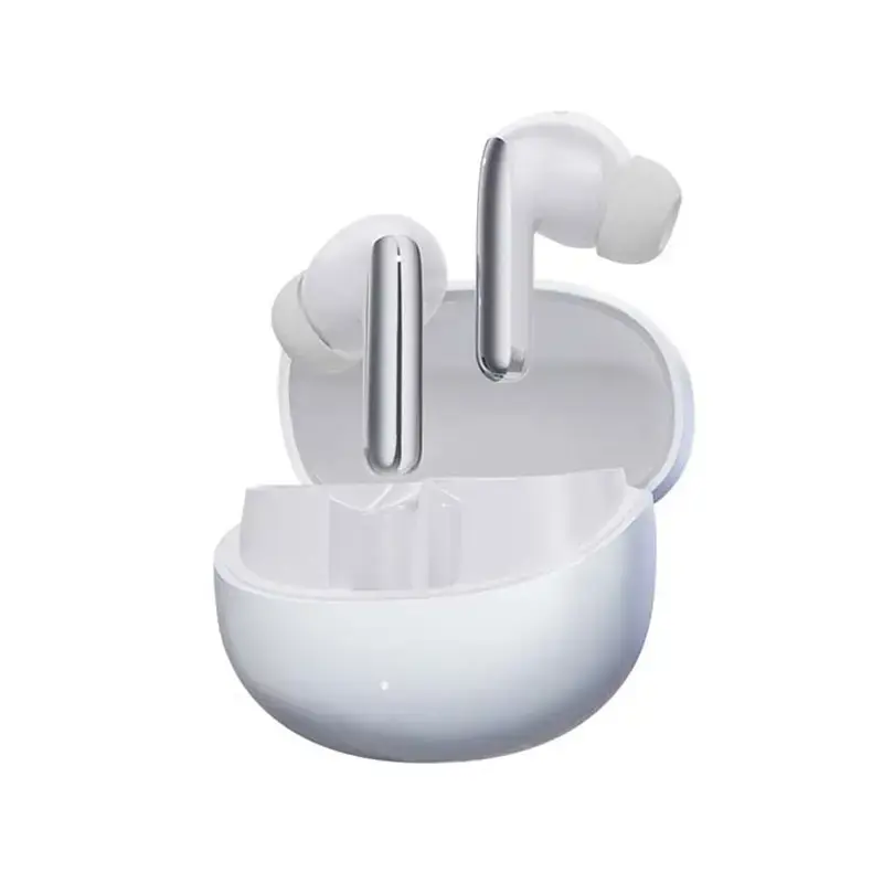 White stem wireless earbuds with chrome accent