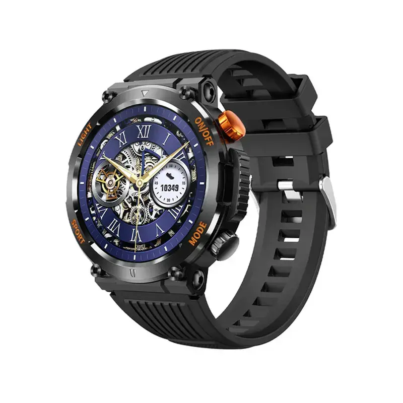 Rugged outdoor round smartwatch with compass and flashlight