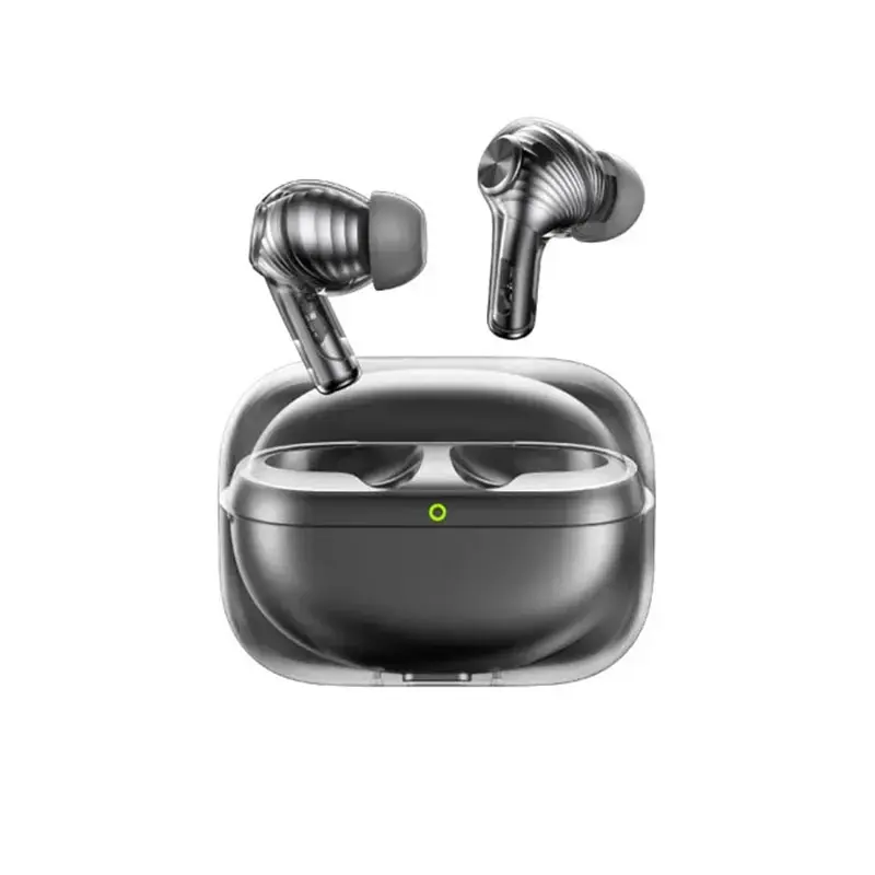 Clear-case metallic wireless earbuds